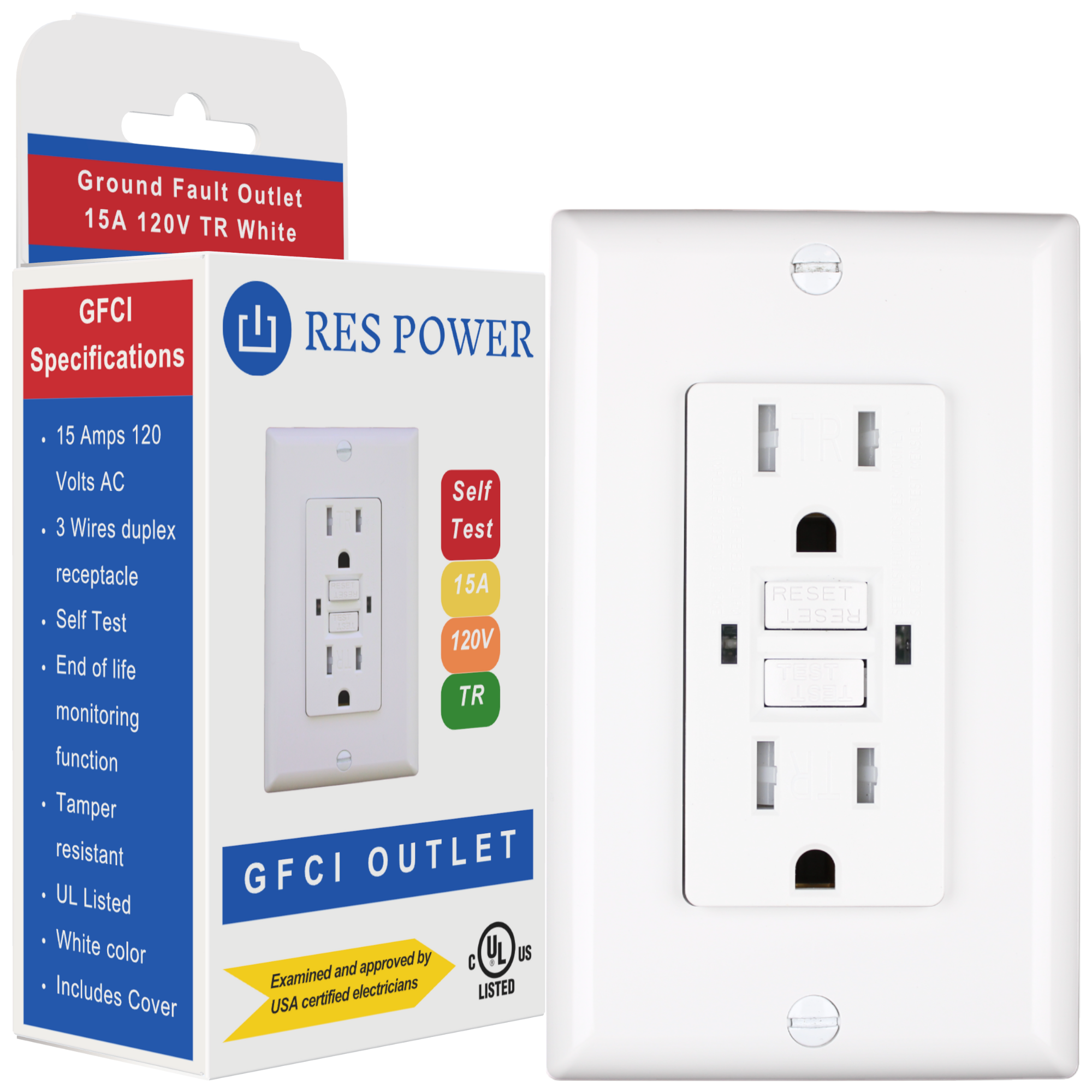 Indoor 15 Amps GFCI Outlet, 120 Volts, Tamper Resistant, Weather Resistant, UL Listed, White
