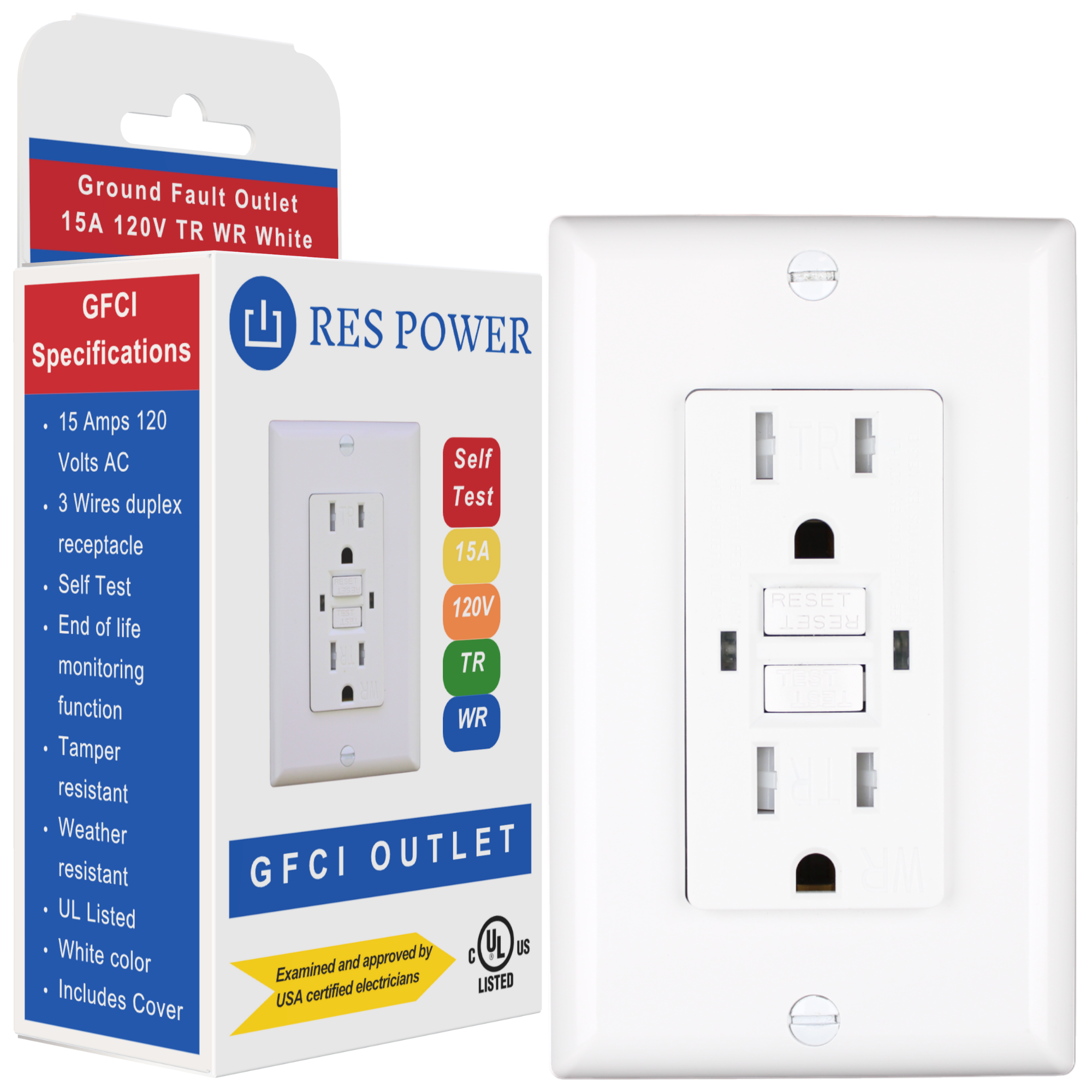 Outdoor 15 Amps GFCI Outlet, 120 Volts, Tamper Resistant, Weather Resistant, UL Listed, White